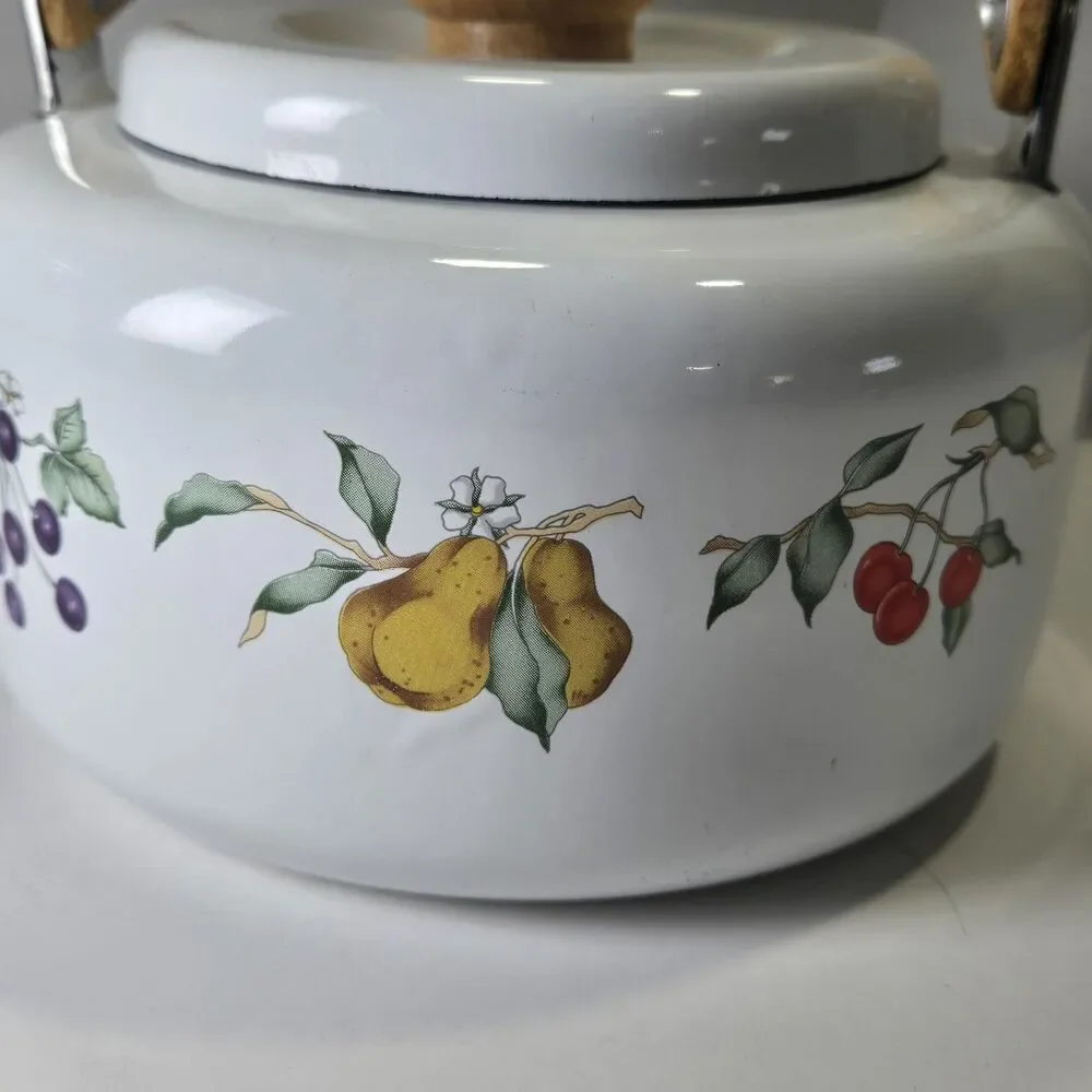 Vtg Tabletops Unlimited DULCIE Enamel Tea Kettle Fruit Pattern Wood Handle 2.3qt